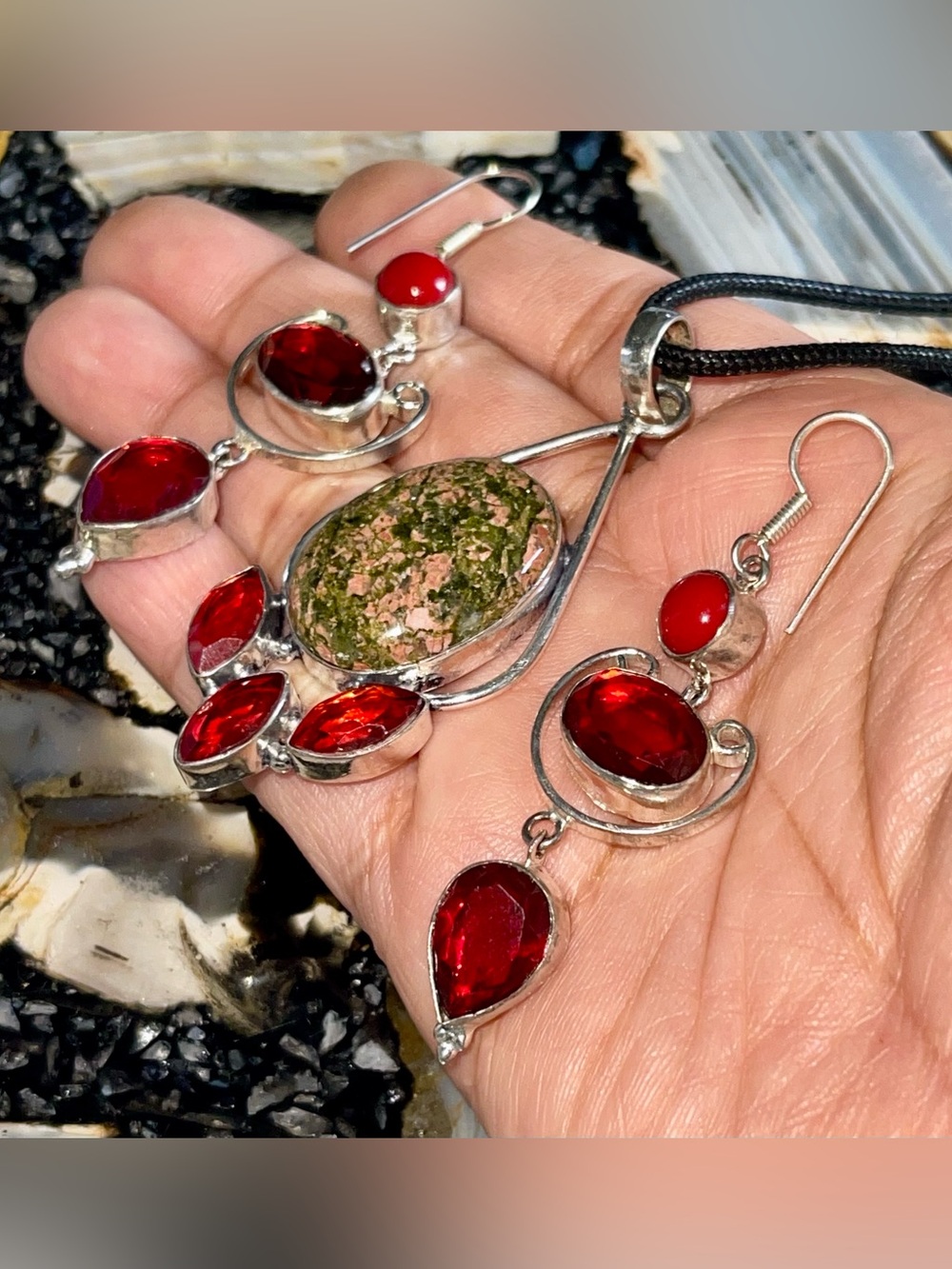 Unakite Jasper & Small Red Coral Pendant & Earrings